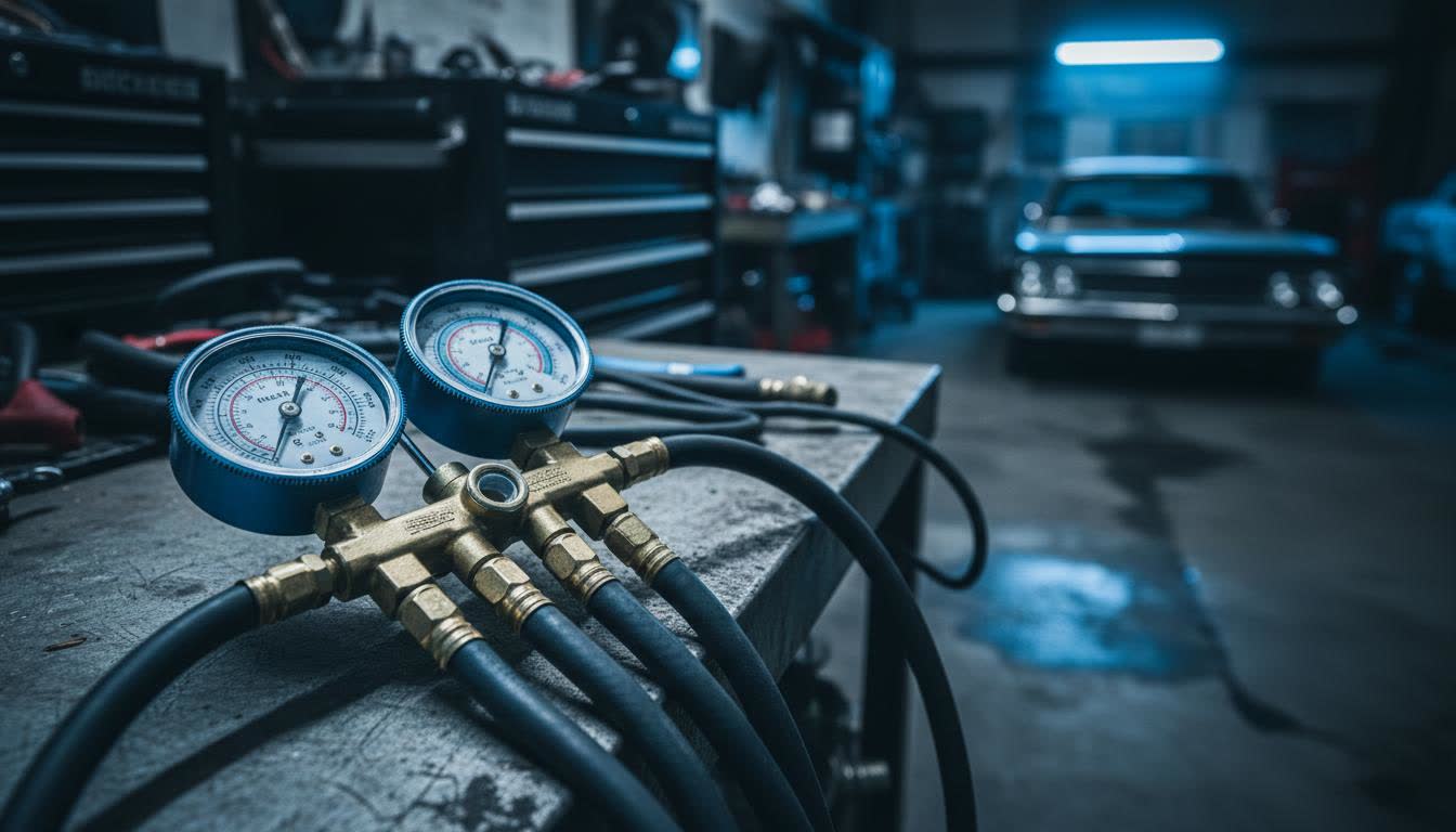 A manifold gauge set hooked up for an A/C service